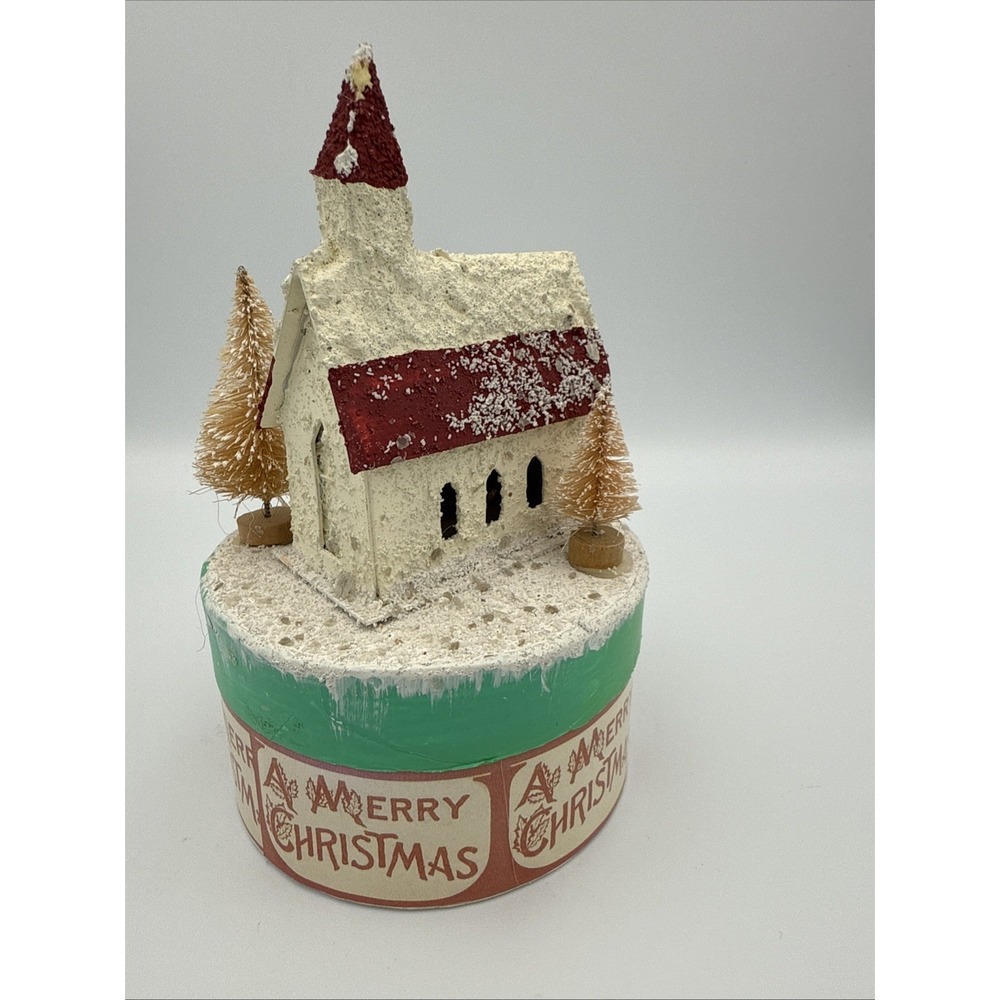 Vintage Style Christmas Church Display Box, Glittered and Bottlebrush Trees